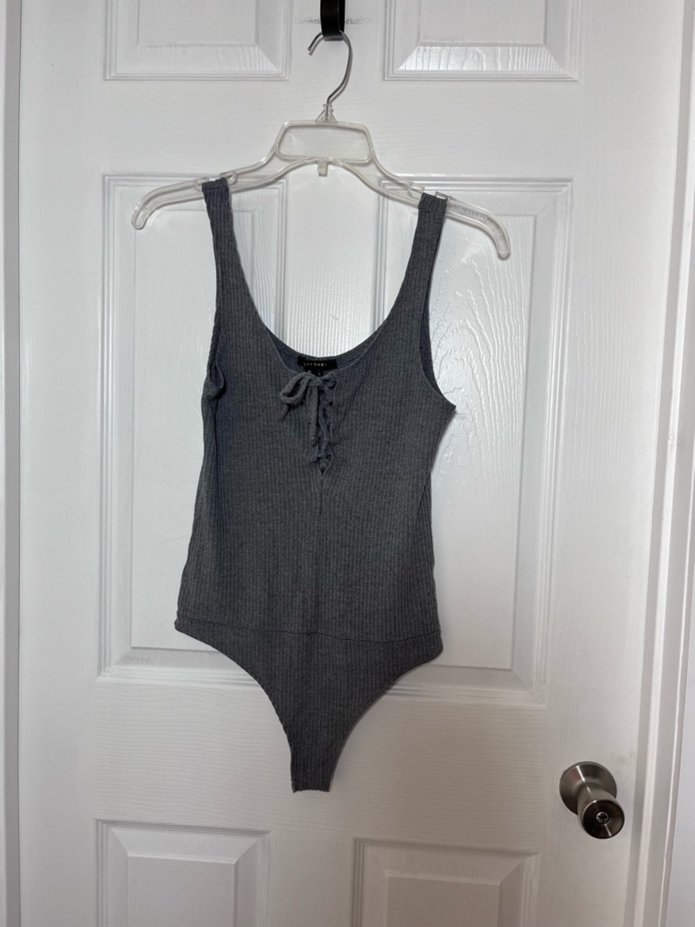 Revamped Ribbed Lace-Up One-Piece Bodysuit - Charcoal Gray